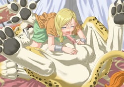 balls bianca_whitaker blush censored clothing dragon_quest dragon_quest_v dress feline female feral human interspecies makochin medium_breasts oral_sex penis saber_(dq5) size_difference spots tail zoophilia