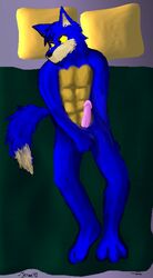 above_view anthro blue_fur erection front_view fur furry jeran lupe lying male male_only neopets nude on_back penis pillow solo tagme tail