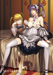 1boy 2girls apron bare_shoulders bed blonde_hair blood bow breast_grab breasts cap crossdressing femboy femboy_on_female femsub gyworz hair_ribbon hairband hands highres josou_seme lips long_hair lying maid maid_cap maid_headdress maledom maria_holic miyamae_kanako mole nipples orange_eyes payot purple_hair reaching red_eyes ribbon saliva school_uniform screencap shidou_mariya shinouji_matsurika shoes sitting spread_legs straight thighhighs tied_hair tongue trap twintails zettai_ryouiki