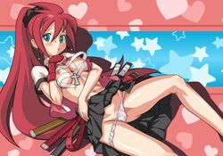 1girls blue_eyes blush breasts cross doki_doki_majo_shinpan katana long_hair nagisa_rekka panties panty_pull ponytail red_hair sarashi shirt_lift skirt sword tied_hair tofu_(artist) underwear weapon white_panties