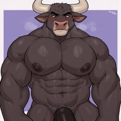 abs angry anthro balls bara bovine brown_fur bull dripping erection from_front furry glaring half_body highres horns huge_balls huge_chest huge_muscles hyper_muscle large_horns large_penis massive_pecs multiple_eyes muscular_male nipples non-human penis precum sitting solo solo_male spread_legs sweat veiny_penis wet