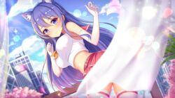 1girls blue_eyes blue_hair blue_sky cat_ears cherry_blossoms city cityscape cloud curtains day girlgame gloves long_hair looking_at_viewer outdoors plant pretty_neko railing school_uniform sky sparkles stockings sunlight tree white_curtains white_gloves wood_railing