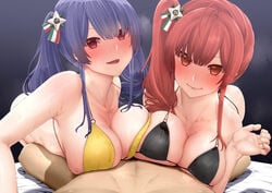 2girls azur_lane big_breasts bikini_top blue_hair breasts brown_eyes large_breasts long_hair multiple_girls paizuri pola_(azur_lane) ponytail prophecy_(rakuichimonji) straight wet zara_(azur_lane)