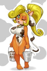 1girls activision bare_arms bare_legs bare_shoulders barefoot bell_collar big_breasts blonde_hair bucket cameltoe choker coco_bandicoot collar cow_ears cow_girl cow_horns cow_print cow_tail cowbell crash_(series) crash_bandicoot_(series) eyebrows_visible_through_hair eyelashes furry_only green_eyes highleg_leotard holding_object horns_hairband leotard long_hair looking_at_viewer mario-grant milk nipple_bulge nipples_visible_through_clothing one_eye_closed pigeon-toed ponytail simple_background solo solo_female tail wink