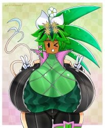1girls accessory blaster_master blaster_master_zero_2 blush bodysuit breasts cleavage elemental_creature female female_focus female_only flower flower_in_hair fromariels gigantic_breasts green_body green_skin horny_female huge_breasts hyper hyper_breasts kanna_(blaster_master) large_breasts leaf leaf_hair object_head palm_tree plant plant_girl pov unzipped_bodysuit waist_not_visible