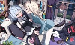 2girls ball_gag bar_censor black_corset black_necktie black_pantyhose blonde_hair blush bound bound_arms breasts censored chair collared_shirt corset dildo eila_ilmatar_juutilainen fingering gag gagged green_eyes grey_hair highres hitachi_magic_wand liclac long_hair looking_at_another multiple_girls necktie on_chair open_mouth pantyhose purple_eyes pussy_juice restrained saliva_drip sanya_v._litvyak separated_legs sex_toy shirt small_breasts strike_witches strike_witches:_aurora_no_majo strike_witches:_suomus_misfits_squadron very_long_hair vibrator white_pantyhose white_shirt world_witches_series