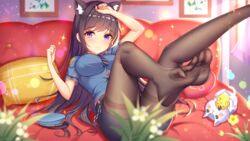 1girls black_hair cat cat_ears curtains day feet flower girlgame hat indoors laying_down long_hair looking_at_viewer on_back pantyhose picture_frame pillow plant police police_hat police_uniform policewoman pretty_neko purple_eyes red_pillow sunlight wall white_curtains window yellow_pillow