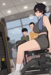 1girls 2d being_watched big_breasts black_hair clothed fit fit_female gym gym_clothes gym_uniform light-skinned_female light_skin pepper0 short_hair sweat thick_thighs workout