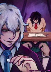 aizawa_shouta black_hair classroom crossdressing desk dubious_consent eraserhead forced_crossdressing hero hide_kuni male_only my_hero_academia nonconsensual penis precum shigaraki_tomura shimura_tenko shouta_aizawa student_teacher tied_up tomura_shigaraki vibrator villain white_hair