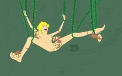 armpit_tickling blonde_hair bondage completely_naked eyes_wide_open feathers feet_tickling female forest helpless laugh laughing lipstick mario_(series) monkey nintendo nude nude_female pocketickler princess_peach pussy_tickling super_mario_64 tickling ukiki vines