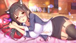 1girls bed bed_sheet bedroom big_breasts black_hair curtains day desk floor girlgame glasses indoors laying_down laying_on_bed laying_on_side long_hair looking_at_viewer on_bed on_side orange_eyes pillow pink_bed_sheet pink_blanket pink_glasses pretty_neko red_curtains red_pillow skirt stockings sunlight wall wood_desk wooden_floor