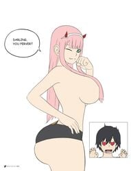 1boy 1boy1girl 1girls ass darling_in_the_franxx green_eyes heart-shaped_pupils hiro_(darling_in_the_franxx) huge_ass large_breasts pink_hair side_view zero_two_(darling_in_the_franxx)