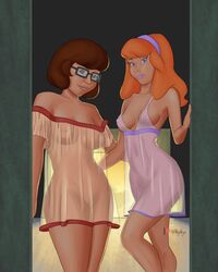 2girls daphne_blake hanna-barbera multiple_girls negavegan nipples scooby-doo signature tagme text velma_dinkley