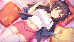 1girls bed bed_sheet big_breasts black_hair day girlgame indoors long_hair looking_at_viewer orange_eyes pillow pink_bed_sheet pink_blanket pretty_neko red_pillow skirt sparkles stockings sunlight yellow_pillow