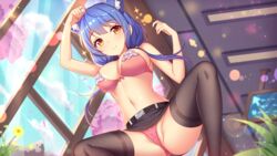 1girls big_breasts blue_hair blue_sky bra ceiling ceiling_light cherry_blossoms cloud day flower girlgame indoors long_hair looking_at_viewer panties pink_bra pink_panties plant pretty_neko skirt sky sparkles spread_legs stockings sunlight tree wall window yellow_eyes