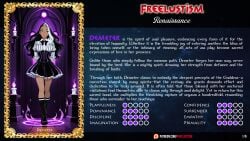 black_hair black_hair_female black_socks candle candles caption character_bio character_profile character_sheet commentary corset corset_dress demeter_(freelustism) english english_commentary english_text female female_focus female_only frame framed framed_picture freelustism green_eyes knee_high_socks knee_highs knee_socks long_hair mythology original_character purple_flames religion socks solo solo_female solo_focus spirit story striped striped_clothing summoning_circle tanned tanned_female tanned_skin teen teenager text thighs wavy_hair white_strand_of_hair white_streak young young_female