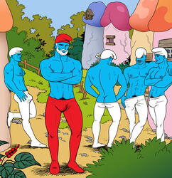 5boys abs ass_cleavage bara butt_crack color colored fantasy gay male male_only muscular papa_smurf penis pulling_down_pants shirtless smurf the_smurfs tom_of_finland what