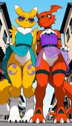2026 2girls ai_generated anthro black_markings black_sclera blue_eyes blushing digimon digimon_(species) digitigrade dress dress_lift duo female female_only flashing flashing_pussy flat_chest green_eyes guilmon half-closed_eyes hi_res innie_pussy low-angle_view no_panties outdoors pussy red_body renamon see-through see-through_clothing shy smile sunglasses unamused white_body white_fur wide_eyed yellow_fur zonoya_(artist)