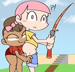 2girls animal_crossing animal_crossing_girl assisted_exposure big_ass fishing nintendo pants_down pantsing pink_hair shorts shorts_down simple_background vilepluff villager_(animal_crossing)