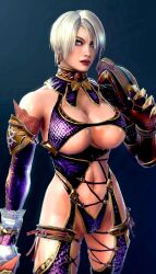 1girls 3d armor female female_focus female_only isabella_valentine leotard namco revealing_clothes short_hair shoulder_armor solo soul_calibur thong_leotard white_hair