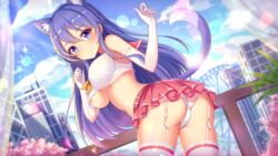 1girls areolae blue_eyes blue_hair blue_sky cat_ears cat_tail cherry_blossoms city cityscape cloud curtains day girlgame gloves long_hair looking_at_viewer outdoors panties plant pretty_neko railing school_uniform sky sparkles stockings sunlight tree underboob white_curtains white_gloves white_panties wood_railing