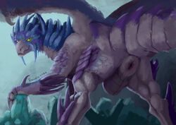 ambiguous_gender anus ass big_anus blue_body blue_scales capcom elder_dragon feral grey_body grey_scales looking_at_viewer looking_back looking_back_at_viewer monster_hunter no_humans presenting presenting_hindquarters pur3 purple_body purple_scales scales scalie solo velkhana video_games wings yellow_eyes