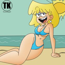 1girls arm_support beach bikini bikini_bottom bikini_top blonde_hair blue_bikini blue_eyeshadow curvy_female earrings facing_viewer feet_out_of_frame looking_at_viewer lori_loud narrow_waist ocean on_ground on_sand outdoors sexy_beach sky smile smooth_skin solo sun terrorking10 the_loud_house underboob wide_hips