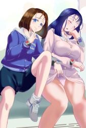 2girls ako_hayasaka blue_eyes blue_ranger bob_cut carrier choujin_sentai_jetman cityscape hayasaka_ako high_heels kaori_rokumeikan long_hair looking_at_viewer mature_female panties_peek pink_ranger pixiv rokumeikan_kaori short_hair shushing skirt_lift sleeping sneakers super_sentai toei_company tokusatsu tomboy train_interior zord_(power_rangers)