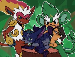 3boys anal anal_sex anthro anus ball_grab balls blue_eyes claws detailed_background fangs feral fire forest fur gay genitals group group_sex hand_on_head infernape jungle kazoko_(artist) male male/male mammal nintendo oral oral_penetration pawpads paws penetration penis penis_grab plant pokémon_(species) pokemon pokemon_(species) primate raised_leg sex simisage spitroast threesome tongue tongue_out tree tree_stump video_games