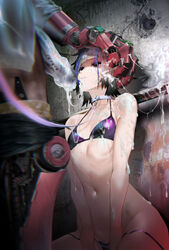 2girls bangs bare_shoulders bikini black_eyes black_hair chromatic_aberration closed_mouth collarbone cum cum_on_body cum_on_hair cum_string cybernetics cyborg dripping eyeshadow facial flat_chest futanari grey_hair hand_on_another's_head highres leash looking_up makeup mapyuhin_za_puremiyamu mechanical_arm mechanical_leg mechanical_penis multicolored multicolored_hair multiple_girls navel original penis prosthetic purple_bikini purple_eyeshadow purple_hair railing science_fiction shinashite_(mapyuhin_za_puremiyamu) streaked_hair swimsuit