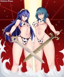 2girls bikini blue_hair byleth_(fire_emblem) byleth_(fire_emblem)_(female) cow_bikini cow_print falchion_(fire_emblem) female female_only fire_emblem fire_emblem:_three_houses fire_emblem_awakening holding_object looking_at_viewer lucina_(fire_emblem) nintendo patdarux sword sword_of_the_creator year_of_the_ox