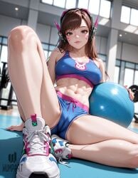 1girls abs ai_generated animal_print artist_name ball bare_arms bare_legs bare_shoulders blizzard_entertainment blue_shorts blue_sports_bra breasts brown_eyes brown_hair cameltoe collarbone covered_nipples crop_top d.va exercise_ball facepaint facial_mark female female_only fingernails gym headphones indoors knee_up long_hair looking_at_viewer medium_breasts midriff nail_polish navel overwatch overwatch_2 parted_lips pink_nails rabbit_print shoes short_shorts shorts sitting sneakers solo sports_bra sportswear spread_legs stomach swept_bangs toned whisker_markings white_footwear wumpart