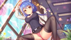 1girls big_breasts blue_hair blue_sky ceiling ceiling_light cherry_blossoms cloud day flower girlgame indoors long_hair looking_at_viewer panties pink_panties plant pretty_neko skirt sky sparkles spread_legs stockings sunlight tree wall window yellow_eyes