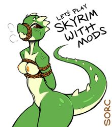 anthro argonian bethesda_softworks bodily_fluids bondage bound breasts brown_eyes english_text exposed_breasts female gag hands_behind_back horn looking_at_viewer nipples non-mammal_breasts nude rope rope_bondage rope_harness scalie side_view simple_background skyrim small_breasts solo sorc sorcerushorserus spiked_tail spikes spikes_(anatomy) standing submissive submissive_female sweat text the_elder_scrolls thick_thighs video_games white_background