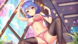 1girls big_breasts blue_hair blue_sky bra ceiling ceiling_light cherry_blossoms cloud day flower girlgame heart heart_cutout indoors long_hair looking_at_viewer panties pink_bra pink_panties plant pretty_neko sky sparkles spread_legs stockings sunlight tree wall window yellow_eyes