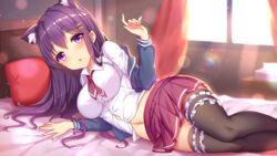 1girls bed bed_sheet cat_ears curtains day girlgame headboard indoors long_hair looking_at_viewer pillow pink_bed_sheet pretty_neko purple_eyes purple_hair red_curtains red_pillow school_uniform skirt stockings sunlight window