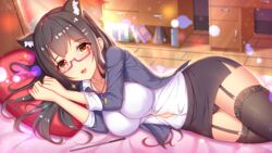 1girls bed bed_sheet bedroom big_breasts black_hair black_panties curtains day desk floor girlgame glasses indoors laying_down laying_on_bed laying_on_side long_hair looking_at_viewer on_bed on_side orange_eyes panties pillow pink_bed_sheet pink_blanket pink_glasses pretty_neko red_curtains red_pillow skirt stockings sunlight wall wood_desk wooden_floor