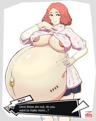 1girls atlus belly belly_piercing big_belly big_breasts breasts brown_eyes brown_hair commission commissioner_upload dialogue english english_text female female_only haru_okumura hyper_pregnancy navel_piercing navel_ring nipples persona persona_5 pregnancy_tally pregnant ready_to_pop short_hair skirt smile smiling solo solo_female stomach_tattoo tagme turtleneck watermark white_background zeruxu