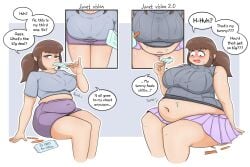 zekareichk breast_expansion 1girls solo_female brown_hair tied_hair ponytail looking_at_viewer tight_clothing tight_fit skirt blush looking_down text weight_gain growth growth_sequence sequence fat fat_female obese obese_female overweight overweight_female bbw big_thighs huge_thighs fat_thighs big_breasts huge_breasts sitting big_ass belly_button fat_belly big_belly huge_belly voluptuous