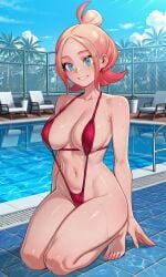 1girls absurdres ai_generated armpit_peek bikini bikini_bottom bikini_top blonde_hair blue_eyes breasts cowboy_shot crop_top cropped_shirt female game_freak gradient_hair groin hair_bun highres kneeling large_breasts looking_at_viewer midriff multicolored_hair navel nintendo open_mouth parted_bangs partial_commentary pink_hair pokemon pokemon_legends:_z-a pool poolside rcos sidelocks sling_bikini slingshot_swimsuit smile solo string_bikini taunie_(pokemon) townie_(pokemon)
