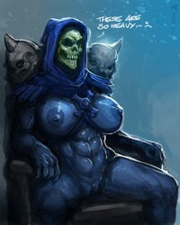 abs big_breasts blue_nipples breasts dialogue english_text female fingers genitals humanoid masters_of_the_universe mtf_crossgender muscular muscular_female muscular_humanoid neurodyne nipples not_furry nude pussy rule_63 sitting skeletor solo spread_legs spreading text