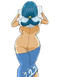 1girls alternate_breast_size ass backboob becku breasts curvy from_behind lana's_mother_(pokemon) large_breasts milf pokemon pokemon_sm shirt_lift skirt_down solo standing undressed white_background