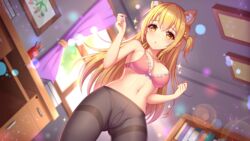 1girls bedroom big_breasts blonde_hair book bookshelf bra ceiling cup curtains day desk girlgame indoors long_hair panties pantyhose pen pencil picture_frame pink_bra pink_curtains pink_panties pretty_neko sparkles sunlight wall window wood_desk yellow_eyes