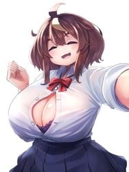 1girls bangs big_breasts bow breasts brown_hair cleavage huge_breasts insomnia-chan_(kaynimatic) kaynimatic smiling