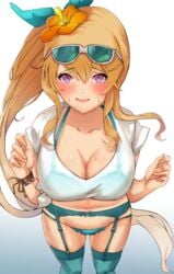 1girls alternate_costume armband blush bra bra_visible_through_clothes brown_hair cleavage cygames dragalia_lost elisanne embarrassed eyebrows_visible_through_hair female female_only flower_in_hair garter_belt garters hair_ornament hairbow legwear lingerie long_ponytail looking_at_viewer nintendo nyahpa20 panties ponytail purple_eyes shirt solo solo_female sunglasses_on_head sweat t-shirt thighhighs wristband