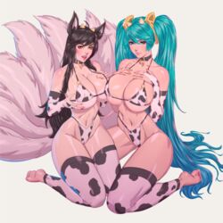 2girls ahri arttoru barefoot black_hair blue_eyes blue_hair breasts bridal_gauntlets choker cow_bikini cow_horns cow_print feet fox_girl hair_ornament league_of_legends multiple_girls simple_background sona_buvelle tagme thighhighs twintails whisker_markings yellow_eyes