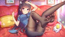 1girls black_hair cat cat_ears curtains day feet girlgame hat indoors laying_down long_hair looking_at_viewer on_back pantyhose picture_frame pillow police police_hat police_uniform policewoman pretty_neko purple_eyes red_pillow skirt sunlight wall white_curtains window yellow_pillow