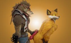 2boys 3d 3d_(artwork) anthro balls canid canine canis digital_media_(artwork) dire_(fortnite) duo epic_games fennix_(fortnite) fortnite fox fur genitals hi_res knot male male/male mammal penis s1nnerfox tagme teasing tongue video_games were werecanid werecanine werewolf wolf