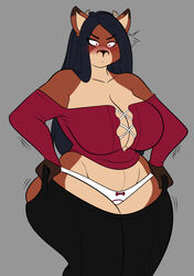 1girls animal_ears animal_humanoid animal_nose anthro anthro_only anthrofied antlers artjwink bare_shoulders big_breasts black_hair blank_background blouse blush blushed braless breasts brown_body brown_fur bust busty cervid cleavage clothed clothing colored colored_sketch curvaceous curvy curvy_body curvy_female curvy_figure curvy_hips deer deer_ears doe dressing female female_only furry gray_background grey_background hair hips horns huge_breasts ill_fitting_clothing jaywnk23 jwinkz large_breasts legwear long_hair maroon_eyes no_bra oc original_character panties pants pulling_up_pants putting_clothes_on putting_on_legwear raye_(jwinkz) red_eyes red_shirt shirt shocked shocked_expression shocked_eyes simple_background small_pupils small_waist solo solo_female standing thick thick_legs thick_thighs thighs underwear voluptuous waist white_panties wide_hips