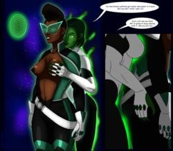 2d 2girls ass_grab black_hair breast_grab breasts dark-skinned_female dark_skin dc dc_comics dialogue female_only glowing_eyes green-skinned_female green_eyes green_hair green_lantern green_skin hypnosis jade_(dc) megaguardain mind_control multiple_girls open_clothes sojourner_mullein space spiral_eyes text uniform yuri